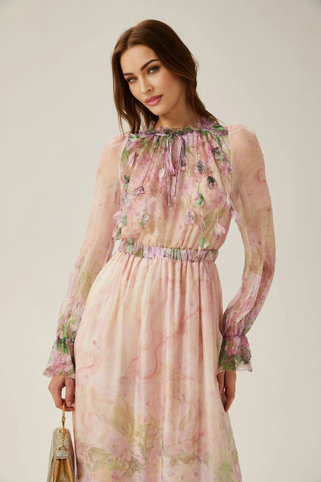 Alice Floral Midi Dress - Frilled Keyhole Neck - Long Puff Sleeves - Pleated Detailing - Semi - Sheer Construction