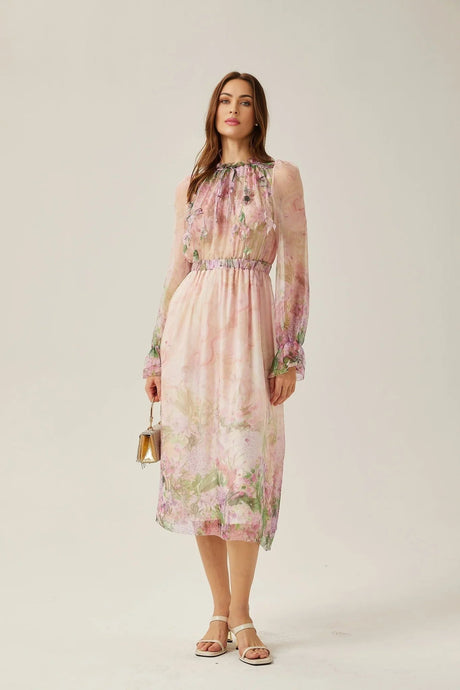 Alice Floral Midi Dress - Frilled Keyhole Neck - Long Puff Sleeves - Pleated Detailing - Semi - Sheer Construction