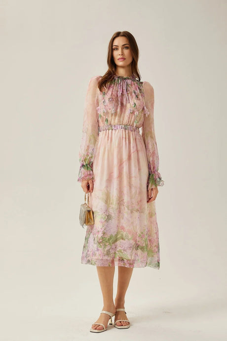 Alice Floral Midi Dress - Frilled Keyhole Neck - Long Puff Sleeves - Pleated Detailing - Semi - Sheer Construction