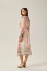 Alice Floral Midi Dress - Frilled Keyhole Neck - Long Puff Sleeves - Pleated Detailing - Semi - Sheer Construction