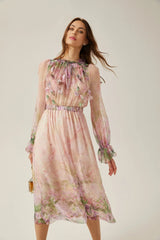 Alice Floral Midi Dress - Frilled Keyhole Neck - Long Puff Sleeves - Pleated Detailing - Semi - Sheer Construction