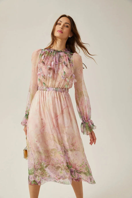 Alice Floral Midi Dress - Frilled Keyhole Neck - Long Puff Sleeves - Pleated Detailing - Semi - Sheer Construction