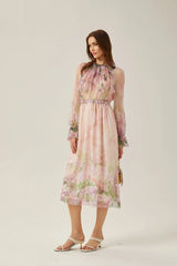 Alice Floral Midi Dress - Frilled Keyhole Neck - Long Puff Sleeves - Pleated Detailing - Semi - Sheer Construction