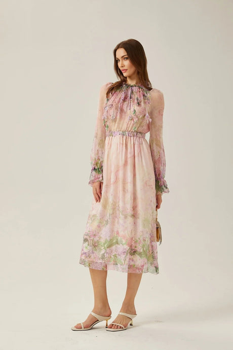 Alice Floral Midi Dress - Frilled Keyhole Neck - Long Puff Sleeves - Pleated Detailing - Semi - Sheer Construction