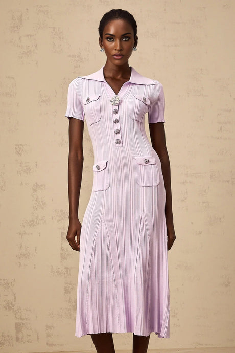 Alice Midi Dress Light Purple Crystal Embellishment Godet Flap Pockets