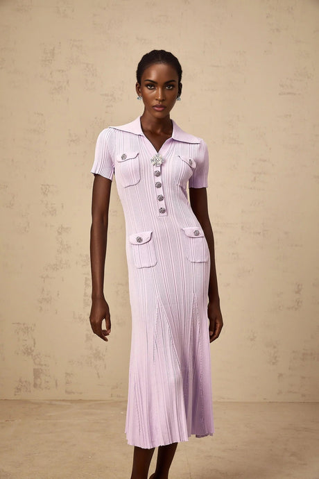 Alice Midi Dress Light Purple Crystal Embellishment Godet Flap Pockets