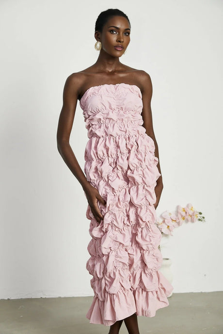 Alice Midi Dress - Off the Shoulder Style - Pleated Design - Flounce Hem - Puff Sleeves