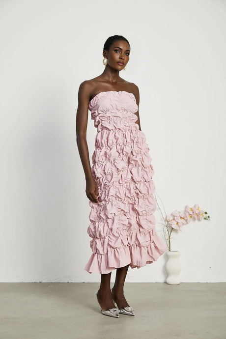 Alice Midi Dress - Off the Shoulder Style - Pleated Design - Flounce Hem - Puff Sleeves