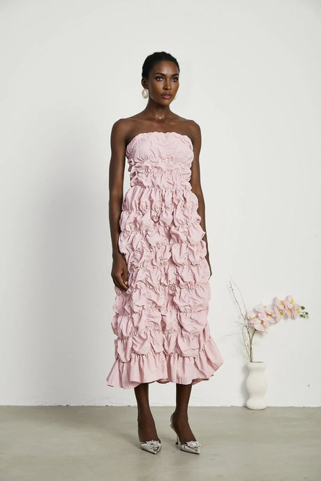 Alice Midi Dress - Off the Shoulder Style - Pleated Design - Flounce Hem - Puff Sleeves