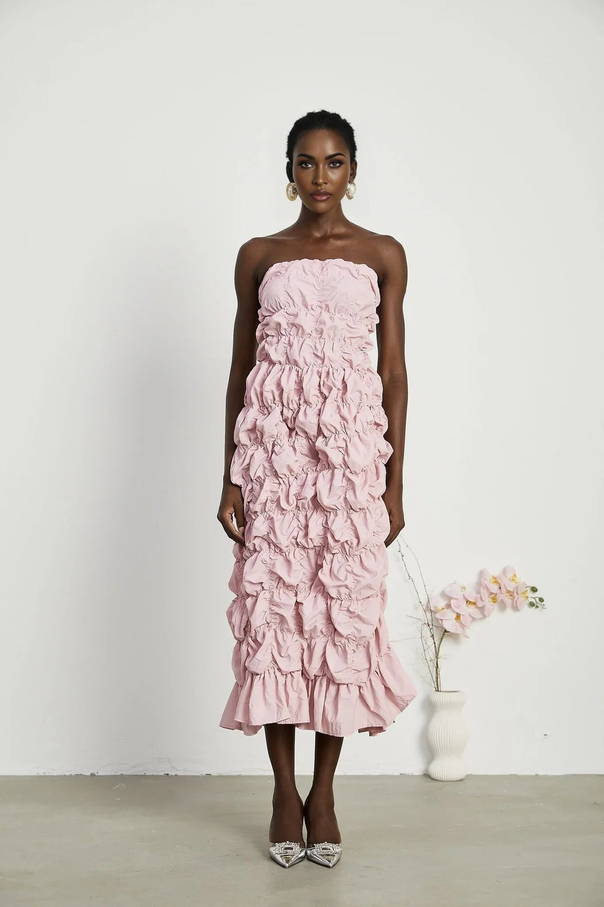 Alice Midi Dress - Off the Shoulder Style - Pleated Design - Flounce Hem - Puff Sleeves