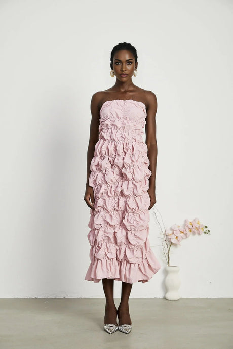Alice Midi Dress - Off the Shoulder Style - Pleated Design - Flounce Hem - Puff Sleeves