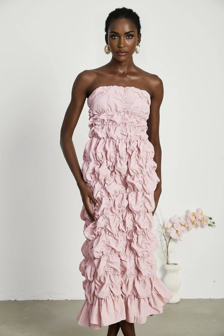 Alice Midi Dress - Off the Shoulder Style - Pleated Design - Flounce Hem - Puff Sleeves