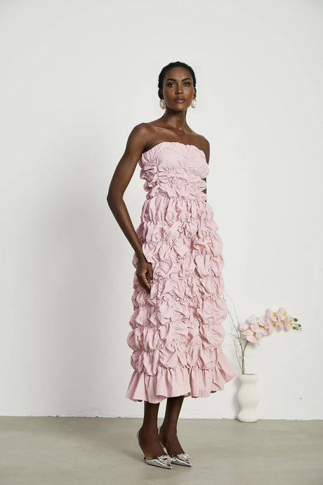 Alice Midi Dress - Off the Shoulder Style - Pleated Design - Flounce Hem - Puff Sleeves