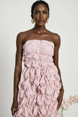 Alice Midi Dress - Off the Shoulder Style - Pleated Design - Flounce Hem - Puff Sleeves