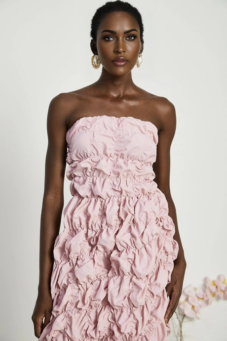 Alice Midi Dress - Off the Shoulder Style - Pleated Design - Flounce Hem - Puff Sleeves