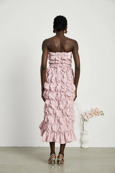 Alice Midi Dress - Off the Shoulder Style - Pleated Design - Flounce Hem - Puff Sleeves