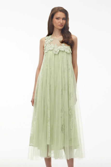 Alice Mint green Floral Embroidered Midi Dress