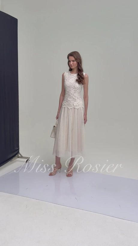 Alice Neutral Floral Applique Lace Midi Dress
