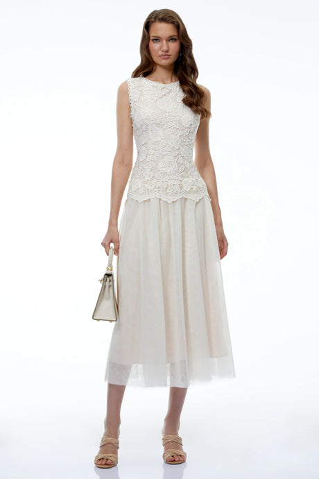 Alice Neutral Floral Applique Lace Midi Dress