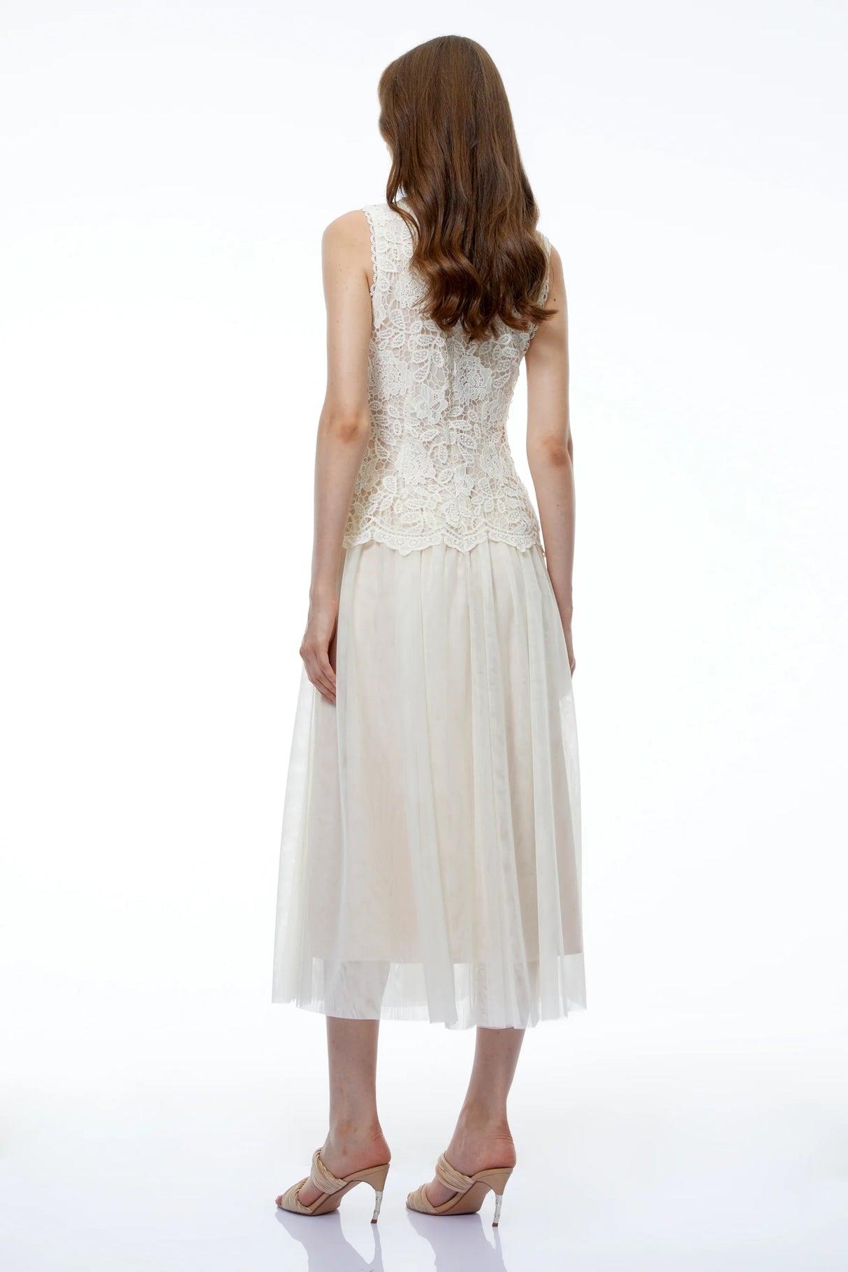Alice Neutral Floral Applique Lace Midi Dress