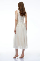 Alice Neutral Floral Applique Lace Midi Dress
