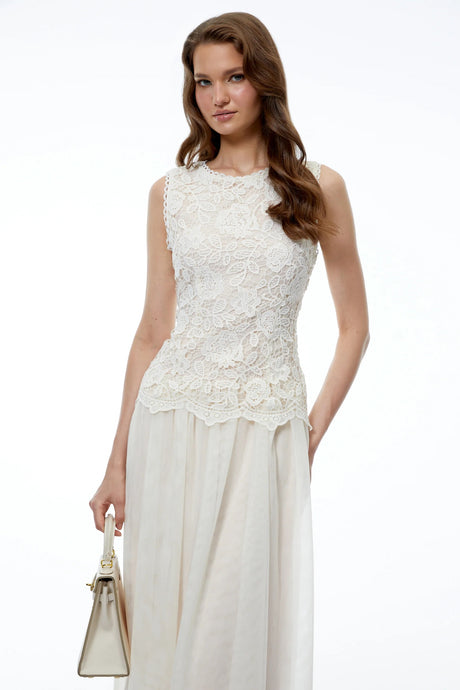 Alice Neutral Floral Applique Lace Midi Dress