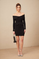 Alice off shoulder ribbed knit mini dress in black worn by model against white background