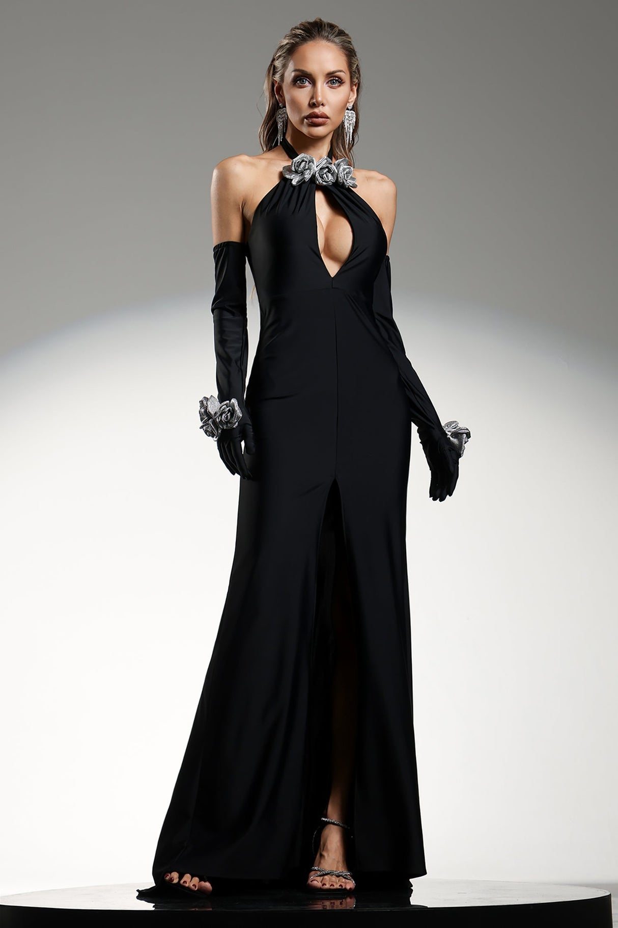 Alina Black Halterneck Keyhole High Slit Floral Detail Dress
