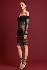 Alina Black Mesh Off-Shoulder Ruched Midi Dress