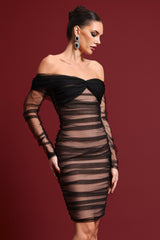 Alina Black Mesh Off-Shoulder Ruched Midi Dress