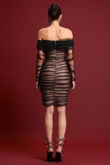 Alina Black Mesh Ruched Off-Shoulder Midi Dress