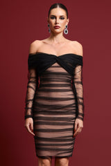 Alina Black Off-Shoulder Ruched Mesh Midi Dress