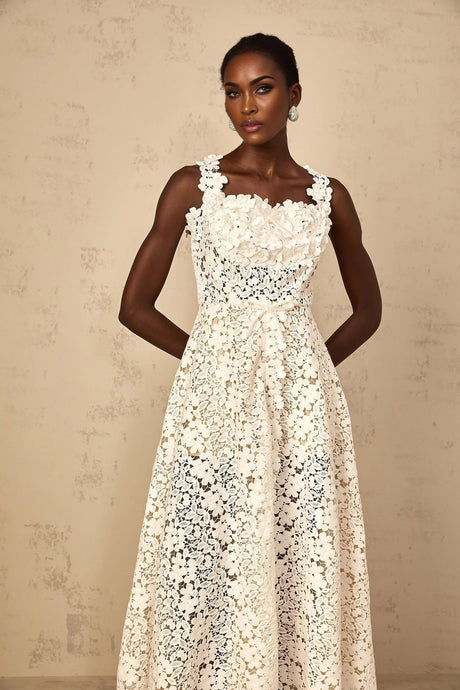 Alina Maxi Dress White Corded Lace Front Slit & Shirred Detail
