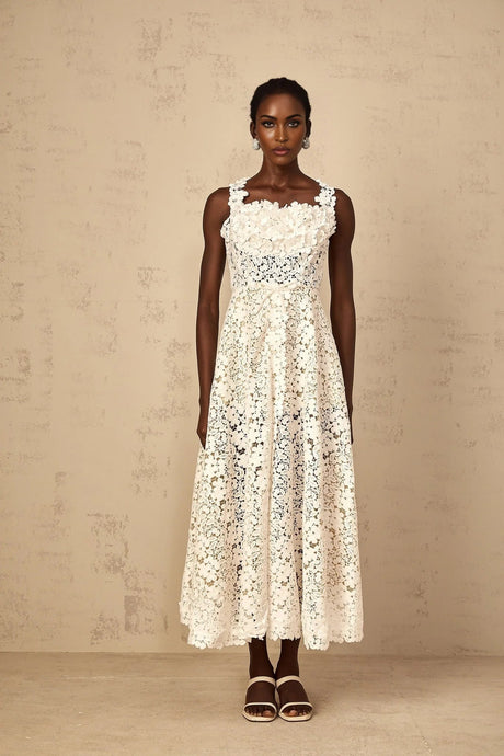Alina Maxi Dress White Corded Lace Front Slit & Shirred Detail