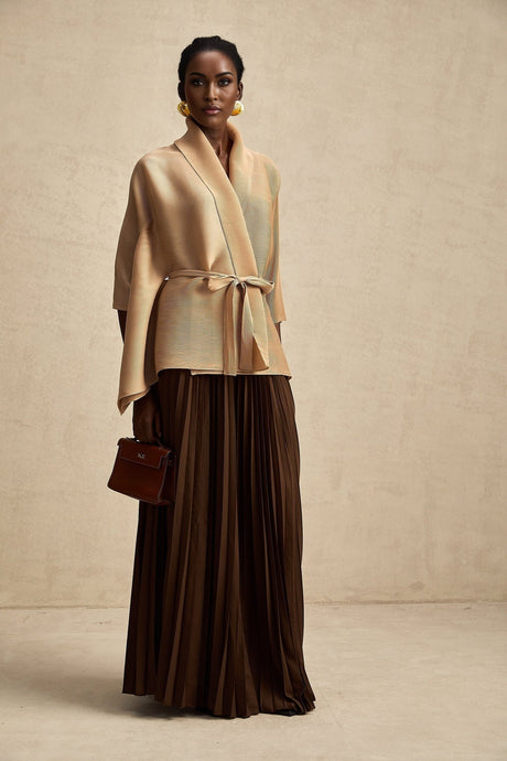 Alina Skirt & Top Set - V - neck Top - Long Slit Sleeves - Tied Waist - Maxi Length Skirt