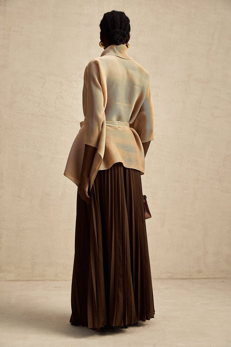 Alina Skirt & Top Set - V - neck Top - Long Slit Sleeves - Tied Waist - Maxi Length Skirt