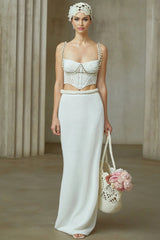 Alina Top & Skirt Set Crochet Knit Sleeveless with Faux - Pearl Embellishment