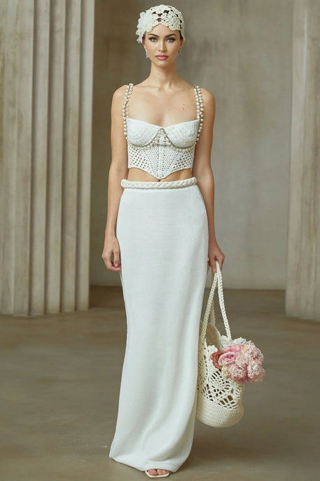 Alina Top & Skirt Set Crochet Knit Sleeveless with Faux - Pearl Embellishment