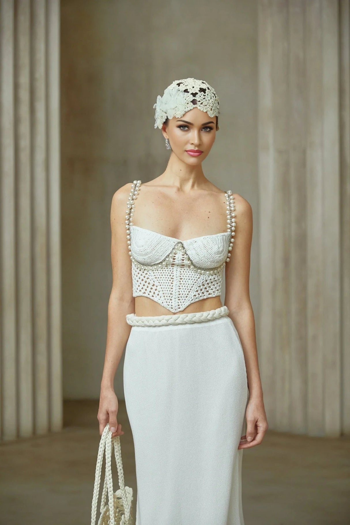 Alina Top & Skirt Set Crochet Knit Sleeveless with Faux - Pearl Embellishment
