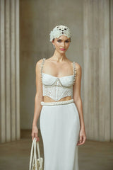 Alina Top & Skirt Set Crochet Knit Sleeveless with Faux - Pearl Embellishment