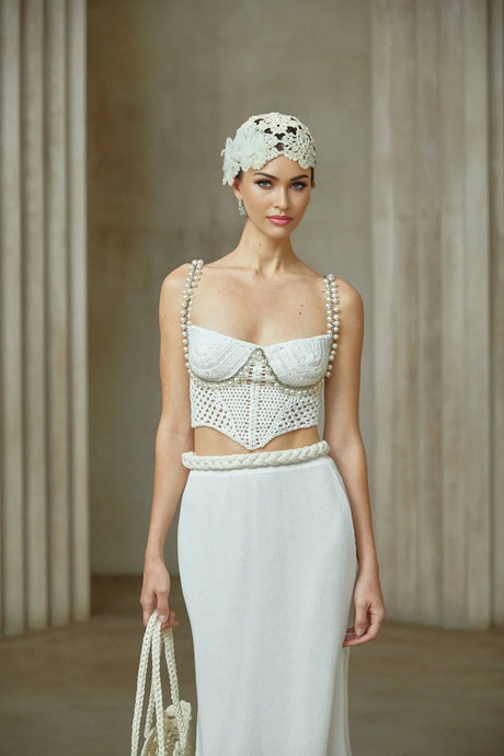 Alina Top & Skirt Set Crochet Knit Sleeveless with Faux - Pearl Embellishment