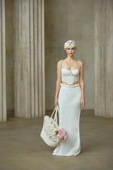 Alina Top & Skirt Set Crochet Knit Sleeveless with Faux - Pearl Embellishment