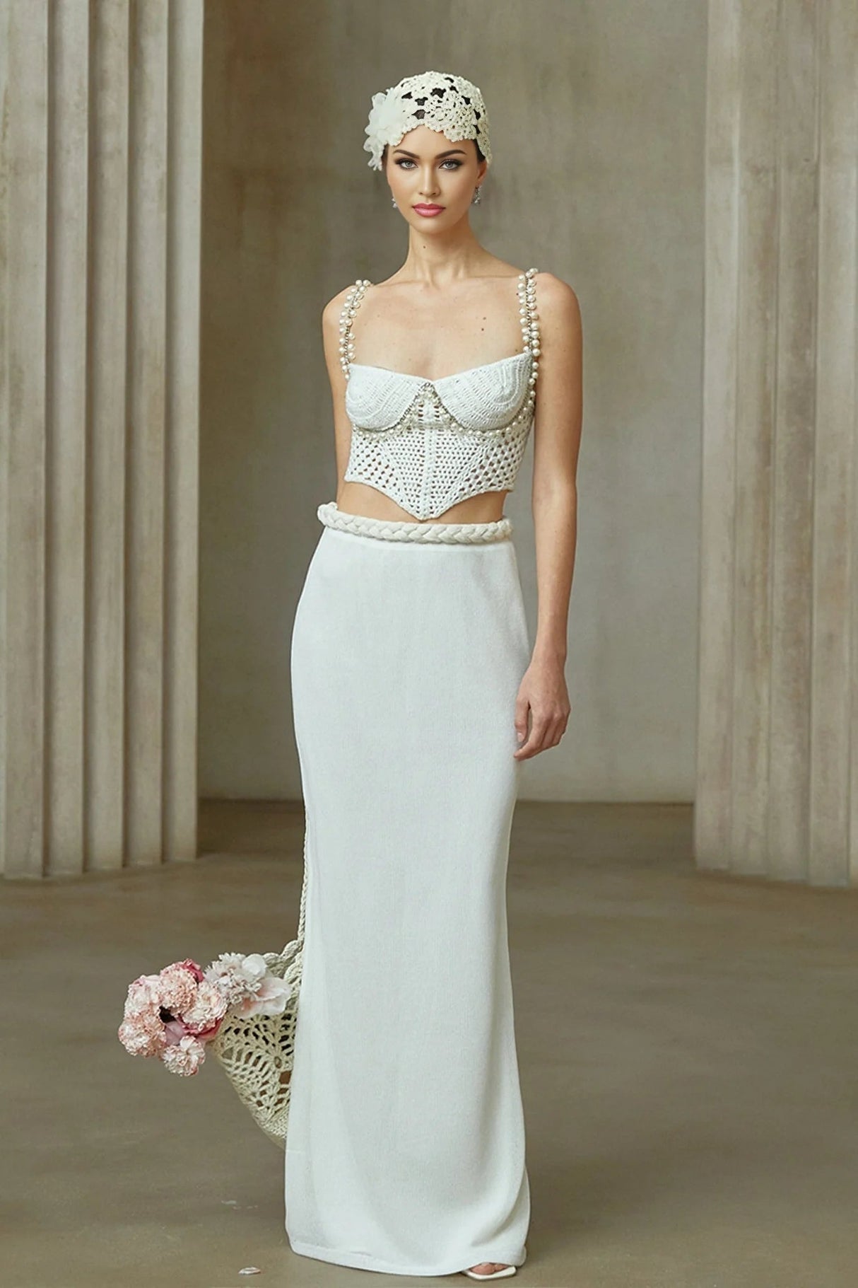 Alina Top & Skirt Set Crochet Knit Sleeveless with Faux - Pearl Embellishment