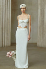 Alina Top & Skirt Set Crochet Knit Sleeveless with Faux - Pearl Embellishment