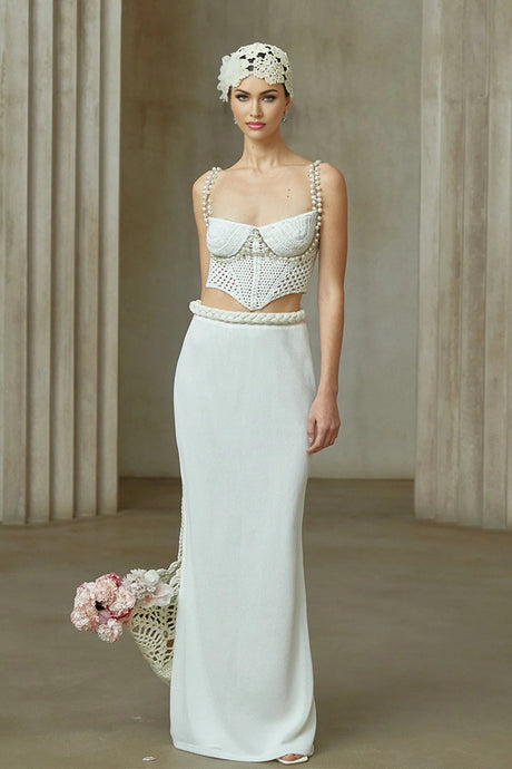 Alina Top & Skirt Set Crochet Knit Sleeveless with Faux - Pearl Embellishment