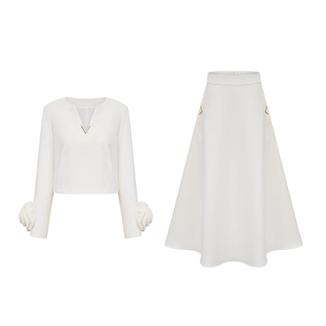 Alina Top & Skirt Set - Elegant 3D Petal Detailing - Flattering Flared Silhouette - Chic Midi Length - Stylish Rear Zip Fastening