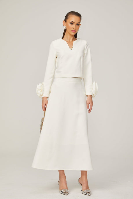 Alina Top & Skirt Set - Elegant 3D Petal Detailing - Flattering Flared Silhouette - Chic Midi Length - Stylish Rear Zip Fastening