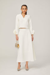 Alina Top & Skirt Set - Elegant 3D Petal Detailing - Flattering Flared Silhouette - Chic Midi Length - Stylish Rear Zip Fastening