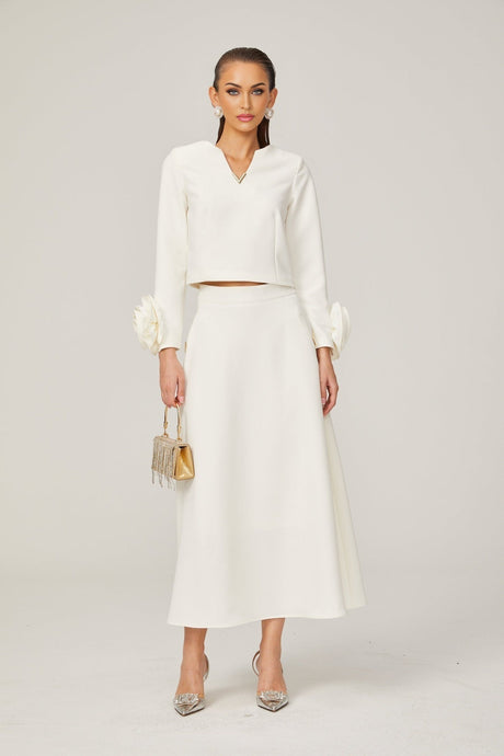 Alina Top & Skirt Set - Elegant 3D Petal Detailing - Flattering Flared Silhouette - Chic Midi Length - Stylish Rear Zip Fastening