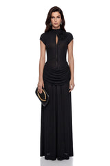 Aliya Black Ruched Maxi Dress with 3D Petals